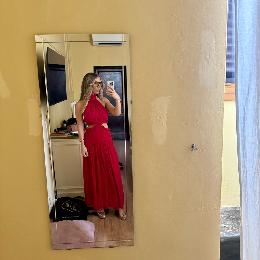 Shona Joy Marquis High Neck Cut Out Midi Dress in Roma Red